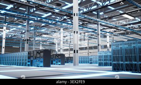 Blue Digital Rendering visualisiert Datenbankserver und komplexe Berechnungen durch Blue Digital Twin Mapping. Stockfoto