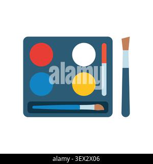 Eine flache Vektorillustration einer Farbpalette mit bunten Kreisen und einem hölzernen Pinselwerkzeug. Stock Vektor