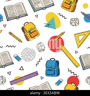 Lebendiges, von Hand gezeichnetes nahtloses Muster mit verschiedenen Schulmaterialien wie Büchern, Rucksäcken und Schreibwaren, perfekt für didaktische Designs Stock Vektor