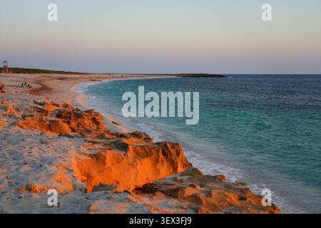 Felsige Küste und türkisfarbenes Wasser am Arutas Quarzstrand bei Sonnenuntergang in Cabras, Sardinien, Italien Stockfoto