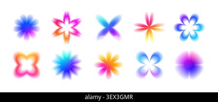 Set mit glatten, verschwommenen Verlaufsblumen. Kollektion mit schillernden, verschwommenen Blütenformen. Verblasste abstrakte Blütenelemente für Aufkleber, Poster, Vorlage, Abzeichen, Collage. Vektor helle Abstufung florale Aura Pack Stock Vektor