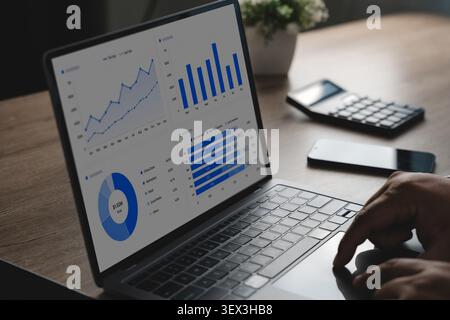 Nahaufnahme eines Finanz-Dashboards auf einem Laptop-Bildschirm mit Datendiagrammen, Kennzahlen, Taschenrechner und Berichtsanalysen für das Finanzmanagement und Stockfoto