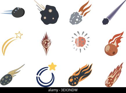 Ein farbenfrohes, flaches Illustrationsset mit verschiedenen Himmelsobjekten, darunter Meteoriten, Asteroiden, Kometen, Sternschnuppen, und der brennende Weltraum stemmt. Stock Vektor