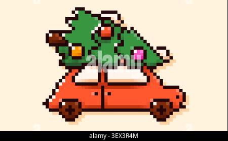 Pixelart Weihnachtsbaum auf einem roten Auto mit Girlande. Stock Vektor