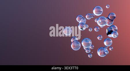 Atemberaubende mehrere transparente, schwimmende Wassertropfen, die das Licht wunderschön reflektieren und über einem weichen, verlaufenen Hintergrund schweben, perfekt für kosmetische Zwecke Stockfoto