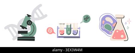Vektor-Clip-Art-Set DNA-Forschung. Sammlung von Illustrationen wissenschaftliche Forschung und Forschung. Moleküle, Laborgeräte, Mikroskope Stock Vektor