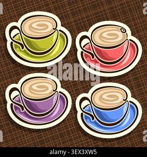 Vektor-Satz von bunten Kaffeetassen, 4 ausgeschnittene Cartoon kreative Tassen auf Tellern mit heißen Kaffeegetränken für Cafeteria-Menü auf braunem abstrakten Hintergrund Stock Vektor