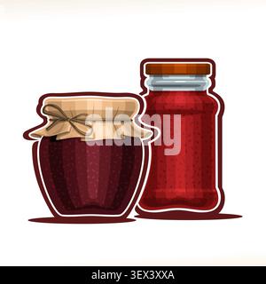 Vektor-Illustration der Frucht-Marmelade, Poster mit rustikalem Topf der natürlichen Himbeergelee mit Papierabdeckung und Garn gebunden in Schleife, hohes Glas der Erdbeere mar Stock Vektor