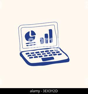 Handgezeichnete Vektorillustration des Symbols für Laptop-Analysen für Business-Dashboard, Finanzberichte, Datenstatistiken, Online-Forschung und Leistungsbeurteilung. Stock Vektor