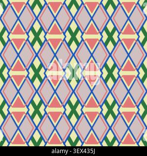 Geometrisches, nahtloses Muster aus Argyle mit bunten Diamantformen und grünen X-Motiven auf cremefarbenem Hintergrund. Stockfoto
