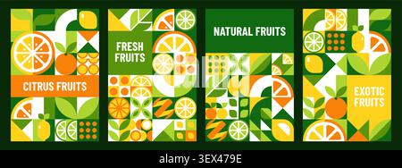 Poster mit tropischen Reifen Zitrusfrüchten mit geometrischem Muster und natürlichen Hintergründen für Lebensmittel. Zitrusfrüchte geometrisches Muster von Orange oder Zitrone mit Limette Stock Vektor
