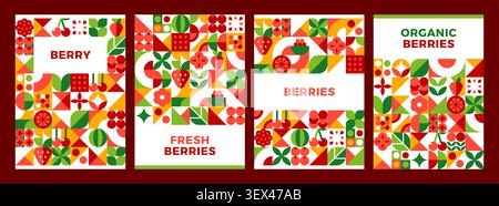 Poster zur Ernte reifer Beeren mit geometrischem Mosaikmuster aus Beerenfrüchten. Beerenmuster mit geometrischen Formen von Erdbeere und Himbeere, Wassermelo Stock Vektor