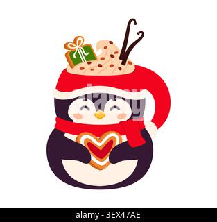 Weihnachtsfeiertag Eierbecher in Form eines niedlichen Pinguins. Cartoon gemütliche warme Getränketasse gefüllt mit Schokolade und Kakao Dessertgetränk, gekrönt mit Peitsche Stock Vektor