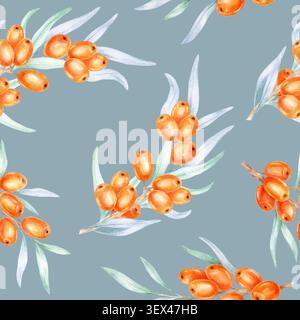 Orangefarbene Meeresfrüchte mit sanften blau-grünen Blättern auf staubblauem Hintergrund, Aquarellabbildungen für Stoffdrucke, Wohnaccessoires, Verpackungen und Papierkollektion Stockfoto