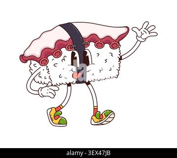 Cartoon-groovige japanische Sushi-Rolle mit Oktopusstück. Funky asiatische Essensfigur, Reisball mit Fischscheiben darüber. Orientalische Küche in nostalgischen Hippie-Sneakers Stock Vektor