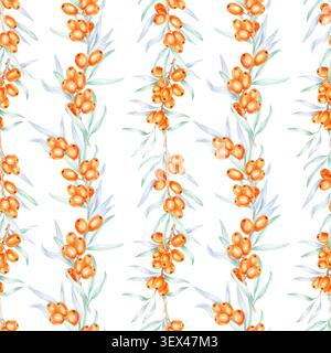 Orangefarbene Meeresfrüchte mit blau-grünen Blättern auf taupefarbenem Hintergrund in vertikalen Wiederholungen, Aquarellillustration ideal für Stoffsammlungen, Geschenkverpackung, Wohnkultur und Verpackungsdesign Stockfoto
