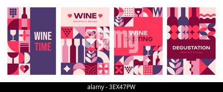 Poster für Wein, Weingüter und Weinherstellung mit modernen geometrischen Mustern von Weinreben, Gläsern und Flaschen. Abstrakte geometrische Formen Mosaikhintergrund von Rot-, weiß- und Rosenwein Alkohol trinken Stock Vektor
