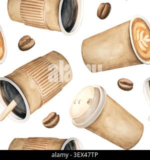 Ein nahtloses Aquarellmuster mit verschiedenen Kaffeegetränken und Bohnen. Cappuccino, Americano, Latte und Coffee To Go werden von Hand gezeichnet. Perfekt Stockfoto