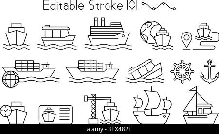 Moderne maritime Icon-Kollektion mit bearbeitbaren Strichlinien. Einschließlich Frachtschiffe, Segelboote, Yachten, Anker, Lenkräder, Transportcontainer und Schifffahrtskonzepte für Logistik und Reiseplanung. Symbolsatz für bearbeitbare Maritime-Konturen. Stock Vektor