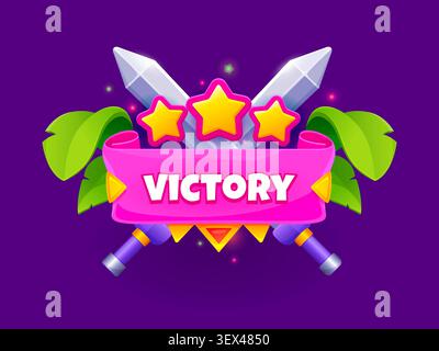 Das UI-Symbol des Siegesspiels oder das Ranking-Abzeichen mit Band und Sternen auf dem Schwertschild im Cartoon-Design. Das Symbol des Siegesspiels oder der Gewinner des heraldischen Preises für das GUI-Element mit dem Popup-Menü „Palmblätter für Gewinn“ Stock Vektor