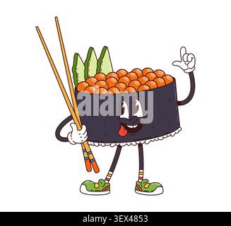Cartoon-groovige japanische Gunkan-Sushi-Rolle gefüllt mit Lachsrogen-Kaviar und Avocadoscheiben. Asiatische Meeresfrüchte mit Essstäbchen. Kulinarisches Retro-kulinarisches Essen in Japan versprüht y2k-Spaß Stock Vektor
