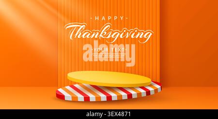 Thanksgiving 3. Podestplatz mit orangenem Feiertagshintergrund. Vector festliche runde Plattform, Studiosockel oder Bühne für saisonale Begrüßungen, Produktpräsentationen und Herbstaktionen Stock Vektor