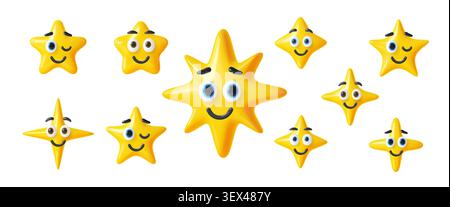 3D süßer Stern und funkelnde Vektor Emoticons mit glücklichen Gesichtern. Comic gelbe Vektor-Funkeln und Sterne blinkend, glücklich, überrascht und lächelnd Emoticons Emoji Charakter. Entzückende und positive Ausdrücke Stock Vektor