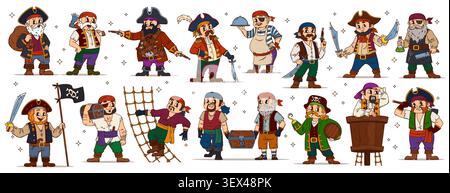 Karibische Piraten und Korsaren, groovige Cartoon-Charaktere von Kapitän, Seemann, Skipper und Boot. Vektorpiraten Crew Charaktere Set aus Kanone, Segelmeister, Aussichtspunkt und Doktor, Koch und Zimmermann Stock Vektor