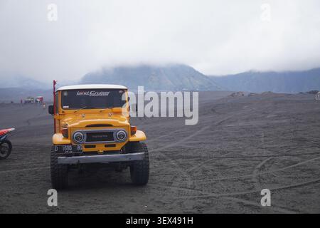 Vorderansicht eines legendären Abenteuerjeeps in der riesigen Wüstenlandschaft von Bromo unter einem trüben, bewölkten Himmel, perfekt für Reiseeditorial Stockfoto