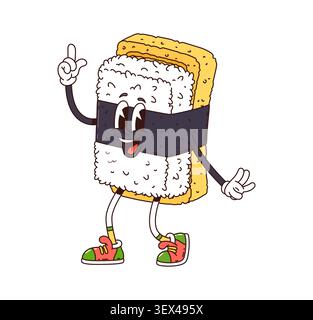 Cartoon grooviger japanischer Tamago Sushi Charakter. Vintage funky Sushi Maskottchen mit lächelndem Gesicht und nach oben zeigender Geste. Retro Japan Essen Nigiri Sushi mit Eieromelett auf Reiskugel, eingewickelt in Nori Algen Stock Vektor