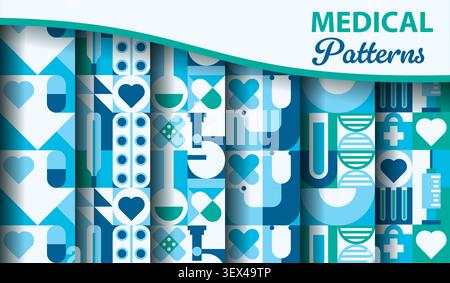 Medizin und Gesundheitswesen nahtlose Muster mit geometrischem Hintergrund. Vektor wiederholende Healthcare Fliese mit Pille, Kapsel, Spritze und Reagenzglas, DNA Helix, Herz, Verband und Laborausrüstung Stock Vektor