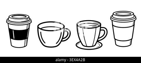 Tassen Tee und eine Tasse Kaffee aus Papier. Vektorabbildung. Der Zeichnungssatz ist auf einem weißen Hintergrund isoliert. Reisethema, Café-Bar, Imbiss Stock Vektor
