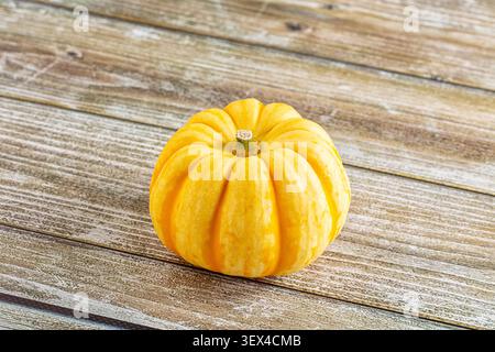 Leuchtend gelber Kürbis auf verwitterten Holzdielen. Warme Herbsttöne und sanfte natürliche Beleuchtung betonen Texturkämme. Rustikale Kompositionsidee Stockfoto