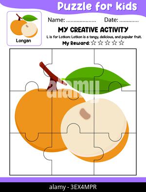 Puzzle für Kinder mit Longan Referenz, Namensdatum, meine Belohnung Tränenschnitt und Einfügen Vektor Stock Vektor