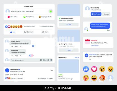 Vorlage für die Benutzeroberfläche von Facebook-Feeds in sozialen Medien mit Beiträgen, Kommentaren, Benachrichtigungen, Gruppen, Marktplatz und Messaging-Schnittstellen-Komponenten Stock Vektor