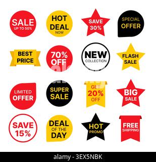Verkaufsabzeichen und Werbe-Aufkleber Sammlung mit Rabattetiketten, Hot Deals, Flash-Verkauf, kostenloser Versand und Prozentsatz Angebot Tags Vektor Stock Vektor