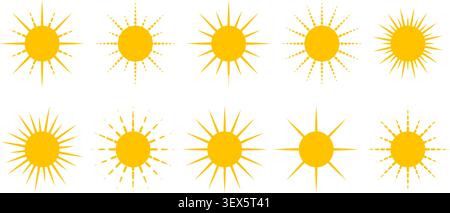 Satz farbiger linearer Sonnensymbole. Verschiedene Sonnenvariationen, Sommerclipart. Leuchtend gelbe Symbole, Vektorelemente Stock Vektor