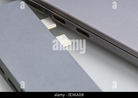 Makroaufnahme der USB-Stecker und -Kabel des Typs C neben silbernen Aluminium-Laptopanschlüssen mit detaillierten Metallkontakten und moderner Industrie Stockfoto