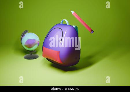 Lebendiges 3D-Rendering von hochglanzvollen aufblasbaren Schulmaterialien, die in einem Studio schweben. Trendige Pop-Art-Illustration für Marketing- und Bildungseinrichtungen für die Schulzeit Stockfoto