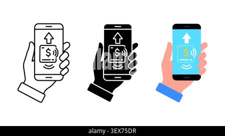 Mobile Zahlung kontaktlose nfc-Transaktion Symbol Set Umrisssilhouette und Farbvektor isoliert auf weißem Hintergrund Stock Vektor