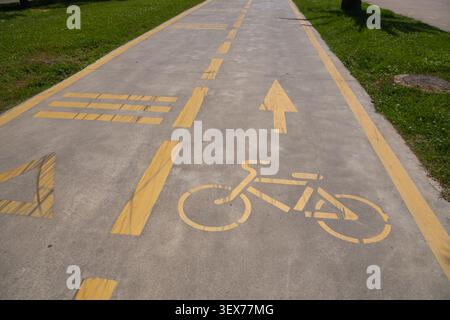 Betonweg mit gelb bemalten Straßenmarkierungen, einschließlich Fahrradsymbol, Richtungspfeil und horizontalen Linien, die ein spezielles Radfahren definieren Stockfoto
