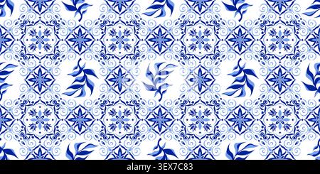 Griechisches Mosaikfliesenmuster mit traditionellem italienischem, spanischem Ornament, abstraktem nahtlosem Hintergrund des Vektors. Blauweißes geometrisches Design, Boden oder Wand im portugiesischen Azulejo-Stil, Vintage-Blumenmotiv Stock Vektor