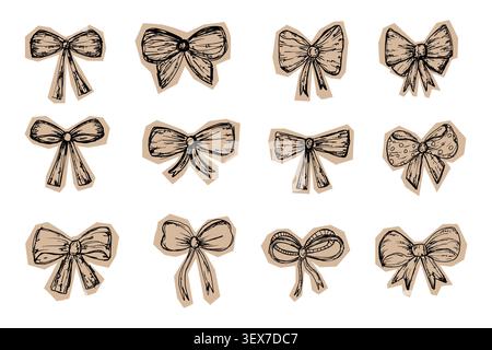 Set „Scrapbook Ribbons“ (Farbbänder Für Skizzen). Doodle Collage Bogenelemente. Stift Hand gezeichnete Umrissschleife und Bänder Aufkleber Set. Papier geschnittene Vektorsammlung. Stock Vektor