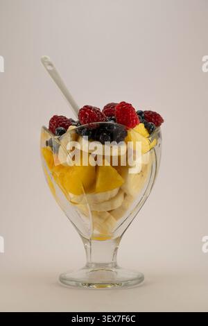 Eine Dessertschüssel aus Glas gefüllt mit einer lebendigen Auswahl an frischen Obstscheiben und Beeren, mit Banane, Ananas, Himbeere, Heidelbeere, und Banane Stockfoto