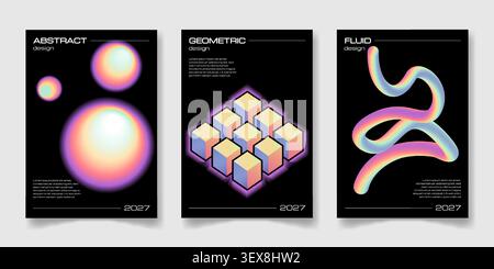 Trendige y2k-Poster mit holografischen 3D-Formen auf schwarzem Hintergrund. Vektor-realistische Illustration abstrakter geometrischer fluider Figuren, irisierende Verlaufsgestaltungselemente, Retro-futuristisches Banner Stock Vektor