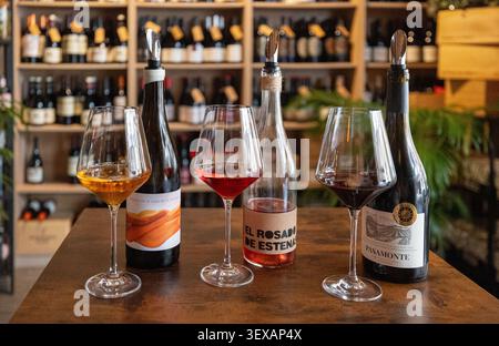 Weinprobe mit Rotwein- und Weißweingläsern in der Weinbar. Valencia, Spanien - 8. August 2025. Stockfoto