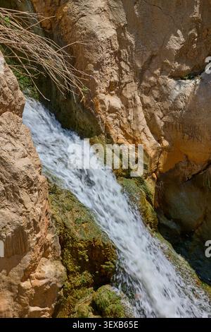 Kleiner Wasserfall, der an einem hellen sonnigen Tag über moosige Felsen in einem Canyon fließt. Stockfoto