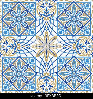 Blaues und goldfarbenes Azulejo-Fliesen-Muster mit nahtlosem Ornamentmuster Stock Vektor