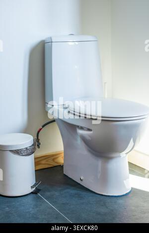 Eine saubere weiße Keramikschale mit geschlossenem Deckel steht neben einem kleinen Tretmüll in einem modernen Haus oder Hotelbad. Stockfoto
