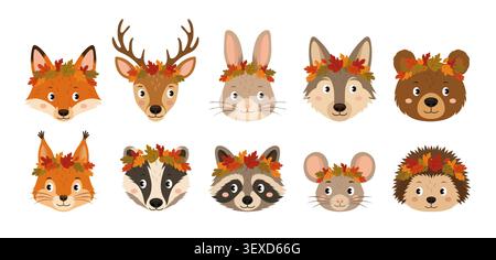Niedliche Waldtiere Gesichter mit Herbstblattkränzen Vektor-Cartoon Set flach Stock Vektor